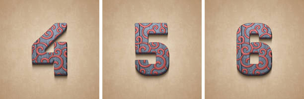 set of decorated wooden numbers, floral decorations, 3d rendering, four, five, six