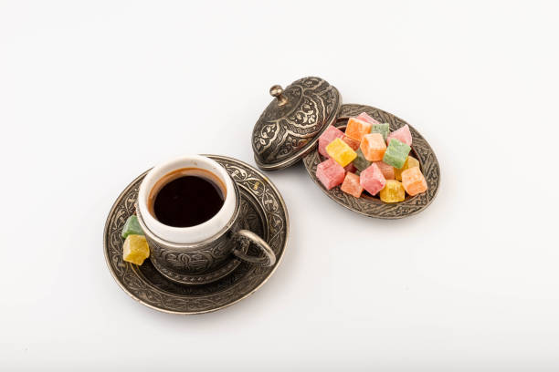 Turkish delight on metal plate isolated on white background