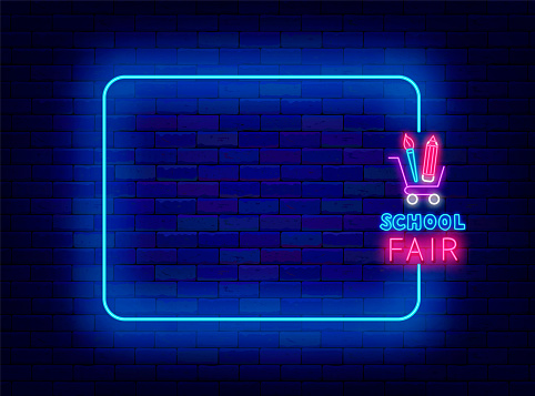 School fair neon announcement. Education shopping and stationery store. Empty blue frame and typography with shopping cart. Copy space. Editable stroke. Vector stock illustration