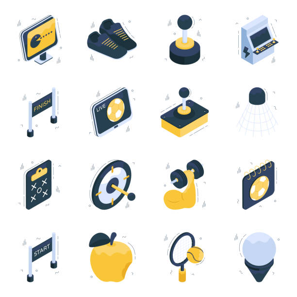 Set of Sports Equipment Isometric Icons Sports equipment isometric set presenting 3d icons in unique style. This set offers icons, amazingly designed to be used in related projects. pac man vector stock illustrations