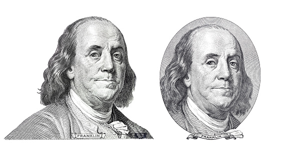 Benjamin Franklin cut from new and old 100 dollars banknote  for design purpose