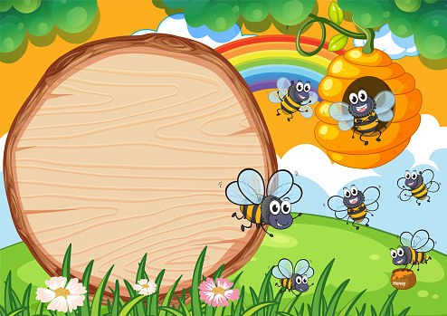 Colorful illustration of bees enjoying a sunny day.