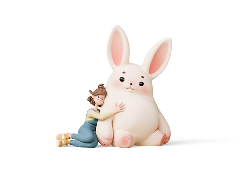 Cute kawaii excited smiling girl sits hugging a big plush toy of a fat fluffy Easter bunny and rubs his belly with her hand. Rabbit with pink ears, cheeks, soft paws. 3d render isolated white backdrop