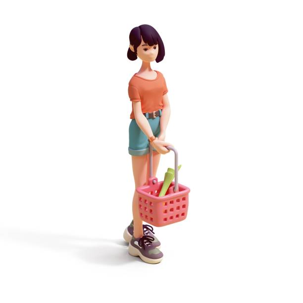 istock 3d render brunette girl holds in her hands pink basket with leeks. 2150299002