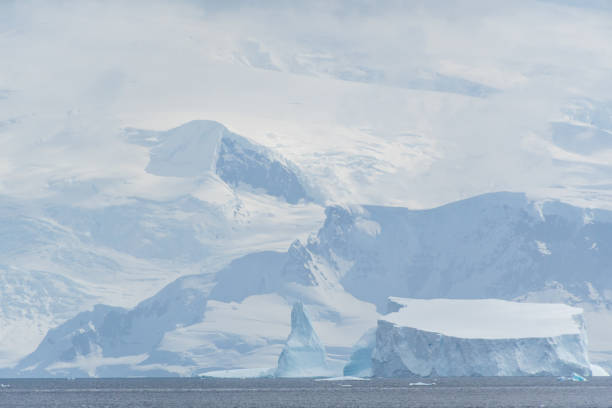 A tranquil Antarctic landscape, near Graham passage along Charlotte Bay, highlighting stark reflections, rugged mountains, and impressive icebergs.
