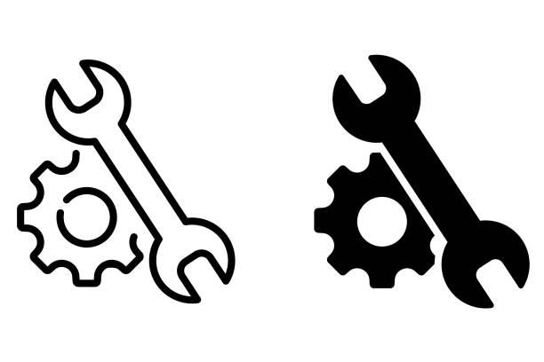 Fix tool spanner and gear outline and filled icons. Wrench and Gear cogwheel sign. Repair instrument symbol. Web interface toolbars and menus pictogram.