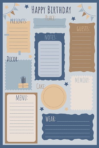 Vector page template for birthday planning with categories
