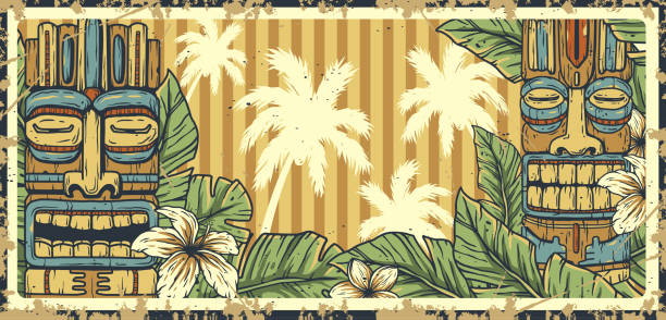 Retro-style illustration featuring traditional tiki masks, palm trees, and surfboards, evoking a nostalgic beach and surfing vibe, perfect for posters or themed decorations. Text space.