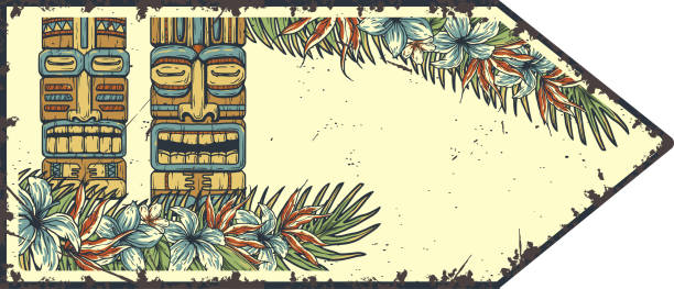 istock Vintage tiki surf poster with retro summer vibes and tropical polynesian illustration for beach and surfing enthusiasts looking for exotic decoration and a touch of nostalgia. Text space 2150302568