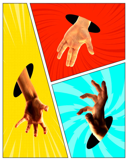 istock Human hands sticking out holes and gesturing on multicolored background. Expressing emotions with hands. Contemporary art collage. 2150303252