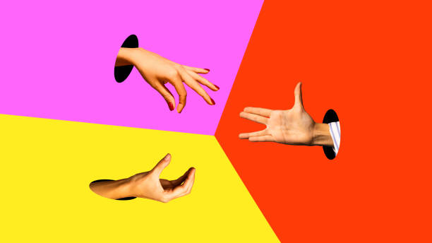 istock Human hands sticking out holes against multicolored background. Integration and cooperation. Contemporary art collage. 2150303262
