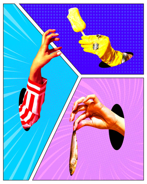 Hands holding ice cream and fish against multicolored background. Comics style. Contemporary art collage.
