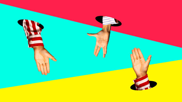 istock Human hands sticking out holes against multicolored background. Integration and cooperation. Contemporary art collage. 2150303268