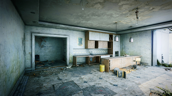 An eerie view of a neglected kitchen within a derelict building, showcasing stained walls, a decaying cabinet, and scattered debris. Daylight filters through the curtained window, highlighting the abandonment and disrepair that envelops the room. The remnants of domestic life are visible in the forgotten space, evoking a sense of past occupancy and ensuing neglect.