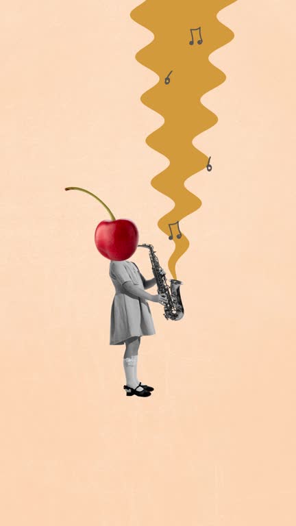 Stop motion, animation. Little girl, child with cherry head playing saxophone. Music lifestyle