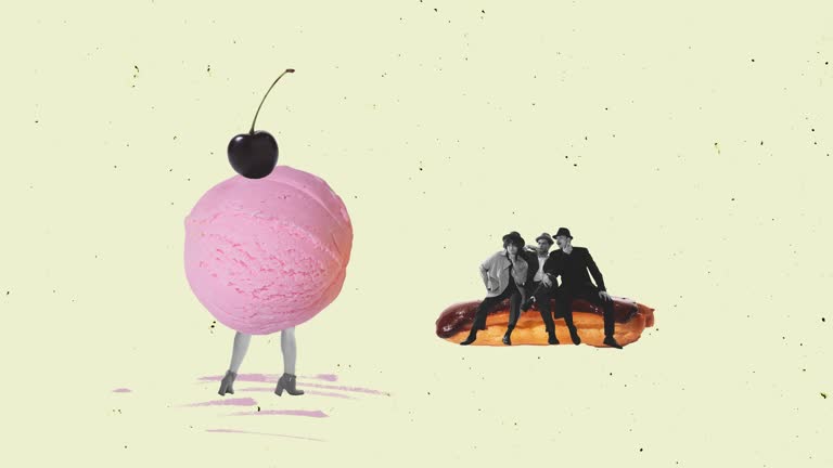 Stop motion, animation. Group of young men sitting on chocolate eclair and looking at girl with ice cream body