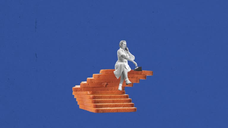 Stop motion, animation. Creative design with woman sitting on stairs made from bread slices and talking on phone