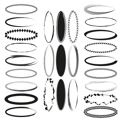 Set of diverse black oval frames. Collection of vector borders. Decorative elements for design. Vector illustration. EPS 10. Stock image.