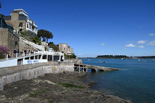Dinard, France, april 18, 2024 : Quay and office of the Corsaire company on the Au Clair de Lune promenade in Dinard