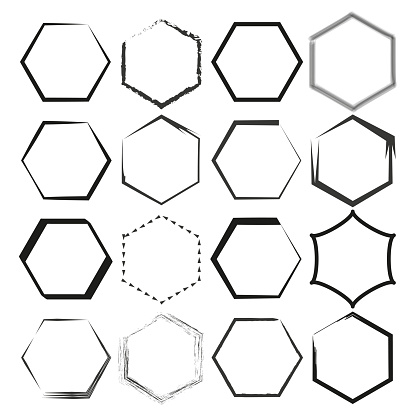 Set of hexagonal outline shapes. Geometric design elements. Abstract polygonal frames. Vector illustration. EPS 10. Stock image.