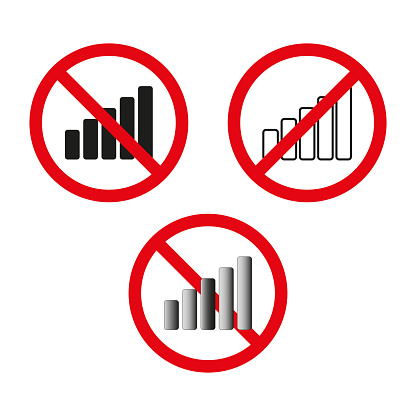 No signal bars icon set. Prohibition of cellular usage. No reception area signs. Vector illustration. EPS 10. Stock image.