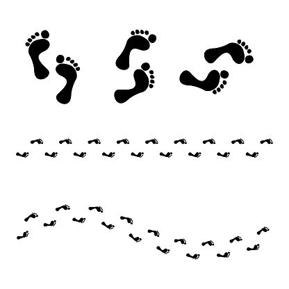 Human footprint patterns in different sequences. Black isolated footstep tracks. Ideal for exploration and pathfinding themes. Vector illustration. EPS 10. Stock image.