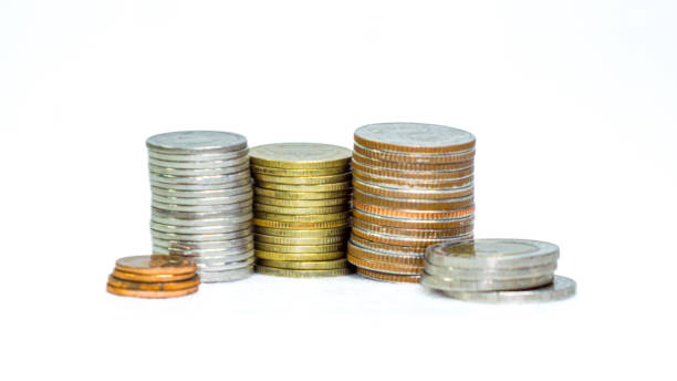 istock Many Thai baht coins arranged in neat layers on a white background, isolated 2150309422