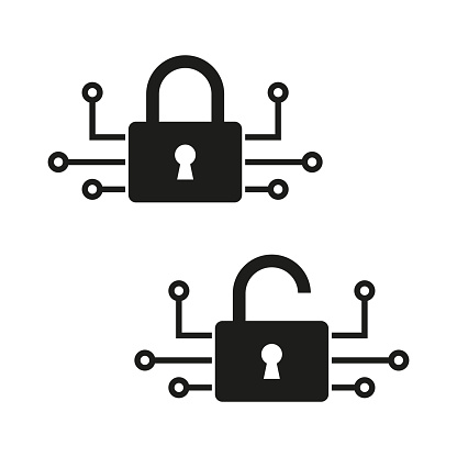 Locked and unlocked padlock with digital network connections. Cybersecurity Vector concept. Encryption and decryption illustration. EPS 10.