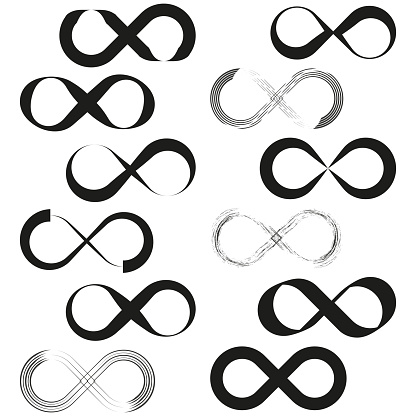 Infinity symbols collection. Endless limit concept. Vector variations. EPS 10.