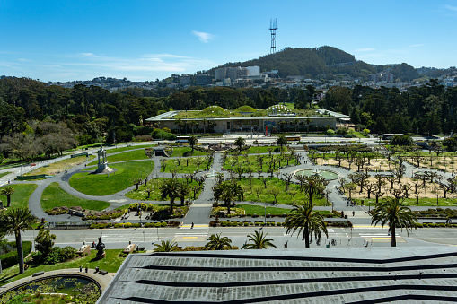 Aerial view of Golden Gate park garden, fountain and science museum in san Francisco during springtime day