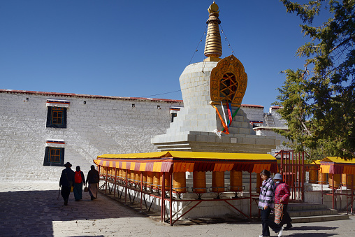 Worshippers  were praying in Sera Monastery, Lhasa, China. They walked around a buddha tower to pray for  a better future.