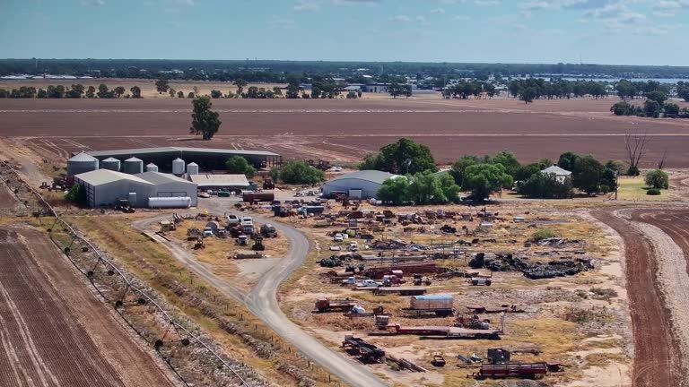 Aerial snapshot of an agricultural storage and machinery disposal site on farmland near Yarrawonga Victoria Australia