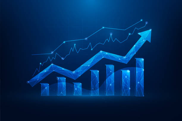 istock buisness financial graph stock market growth on blue background. chart arrow growth technology digital. vector illustration fantastic design. 2150313375