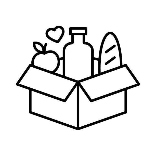 Food donation outline icon. Box with food Editable stroke. Isolated vector illustration. food bank stock illustrations