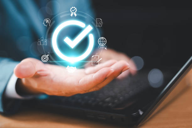 istock Quality control assurance concept, guarantee best service tech, Standard, ISO certificationÂ andÂ proposal system. Value satisfaction certificate check, experience in corporate product marketing 2150315204