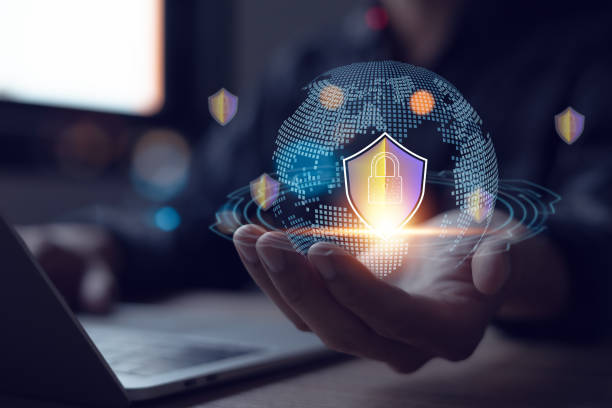 istock Online data protection to secure data storage used by global business network servers to maintain cyber data security. 2150315750
