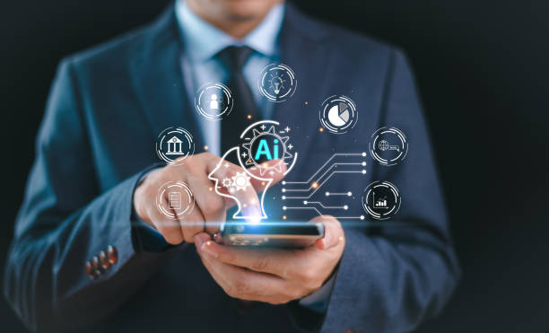istock AI tech help business concept. Businessman connect robot Chat AI, command prompt generates futuristic transformation. Artificial intelligence technology assistance. Technology customer service 2150316041