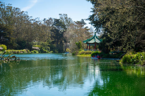 Stow lake japanese pavilion in San Francisco Golden Gate park during springtime day