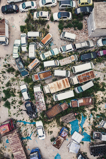 Top View of Wrecked and Abandoned Cars, Vehicle Junkyard