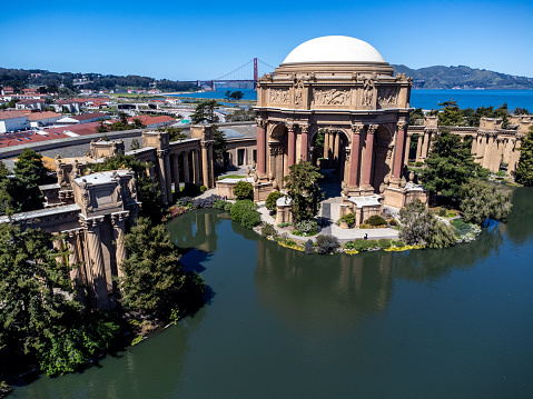 Aerial view of Palace of Fine Arts in San Francisco during springtime day with pond in foreground