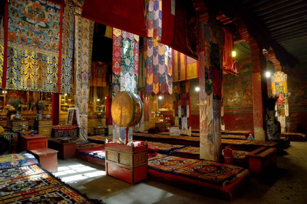 Inside view of a praying house in Sera Monastery, Lhasa, China.