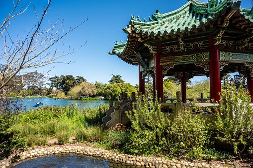 Stow lake japanese pavilion in San Francisco Golden Gate park during springtime day
