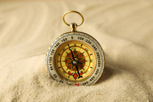 istock Sea travel concept. Vintage compass on the sand 2150317216