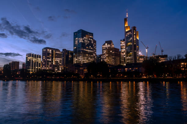 Frankfurt, a central German city on the river Main, is a major financial hub. The image capture the nightscape of the skyline of Frankfurt am Main during blue hour