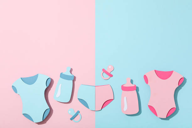 istock Paper baby things on blue and pink background, space for text 2150319585
