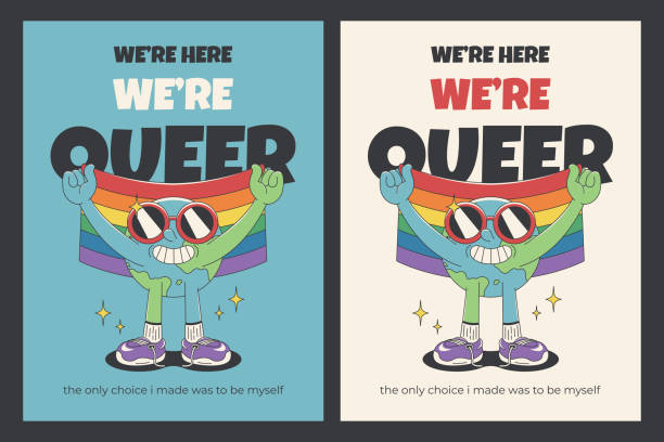 Retro 70s posters for Pride month celebration. Earth holds Traditional Pride flag. Vector illustrations in groovy style.