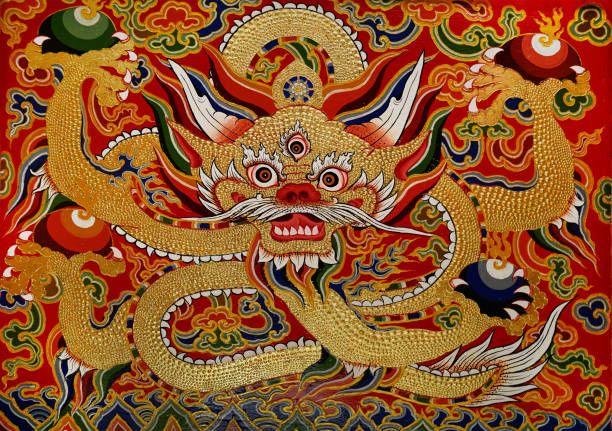 dragon wall painting with gold decorated in Sera Monastery, Lhasa, China. In East Asian mythologies, the dragon retains its prestige and is conceived as a beneficent creature, means power and royalty, emblem of the imperial family. dragon in chinese temple stock pictures, royalty-free photos & images