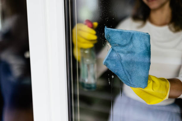 istock Young woman washing window 2150323310