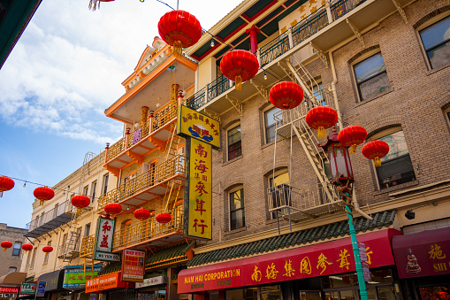 Chinese lanterns in San Francisco Chinatown during springtime day