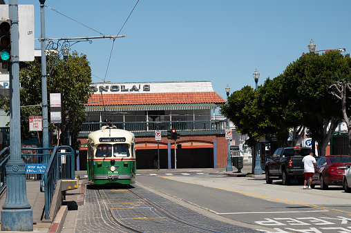 Old electrical tramway in San Francisco during springtime day